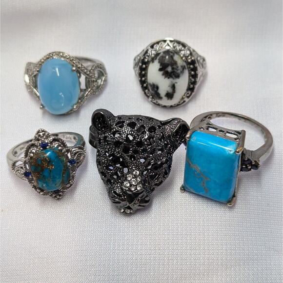 Statement Rings Sz 10 Gemstone Rhinestone Lot Of 5 Silver Tone Leopard Turquoise - Picture 1 of 5
